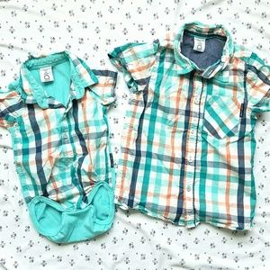 Matching sibling set, checkered pastel print.